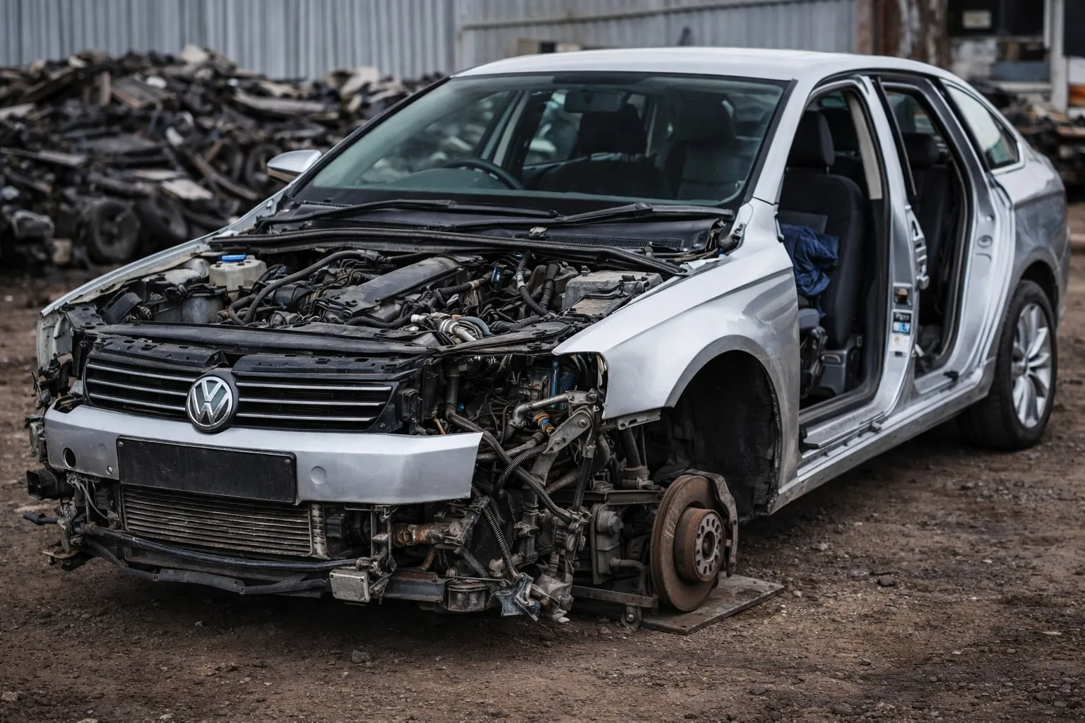 Autoturism Volkswagen dezmembrat, cu motorul expus
