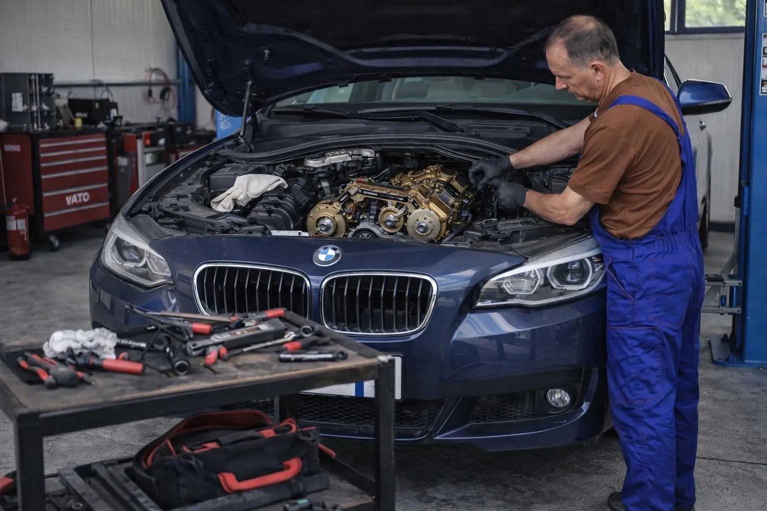 Mecanic lucrând la motorul unui autoturism