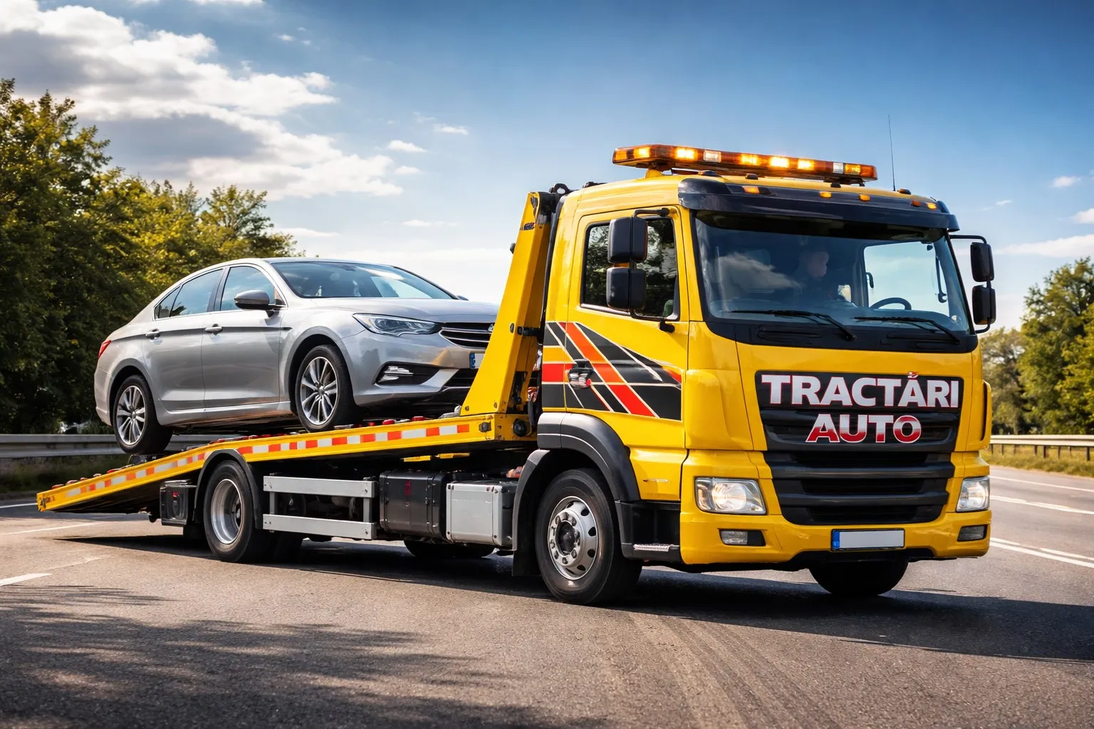 Platformă Tractări Auto transportând un autoturism pe drum