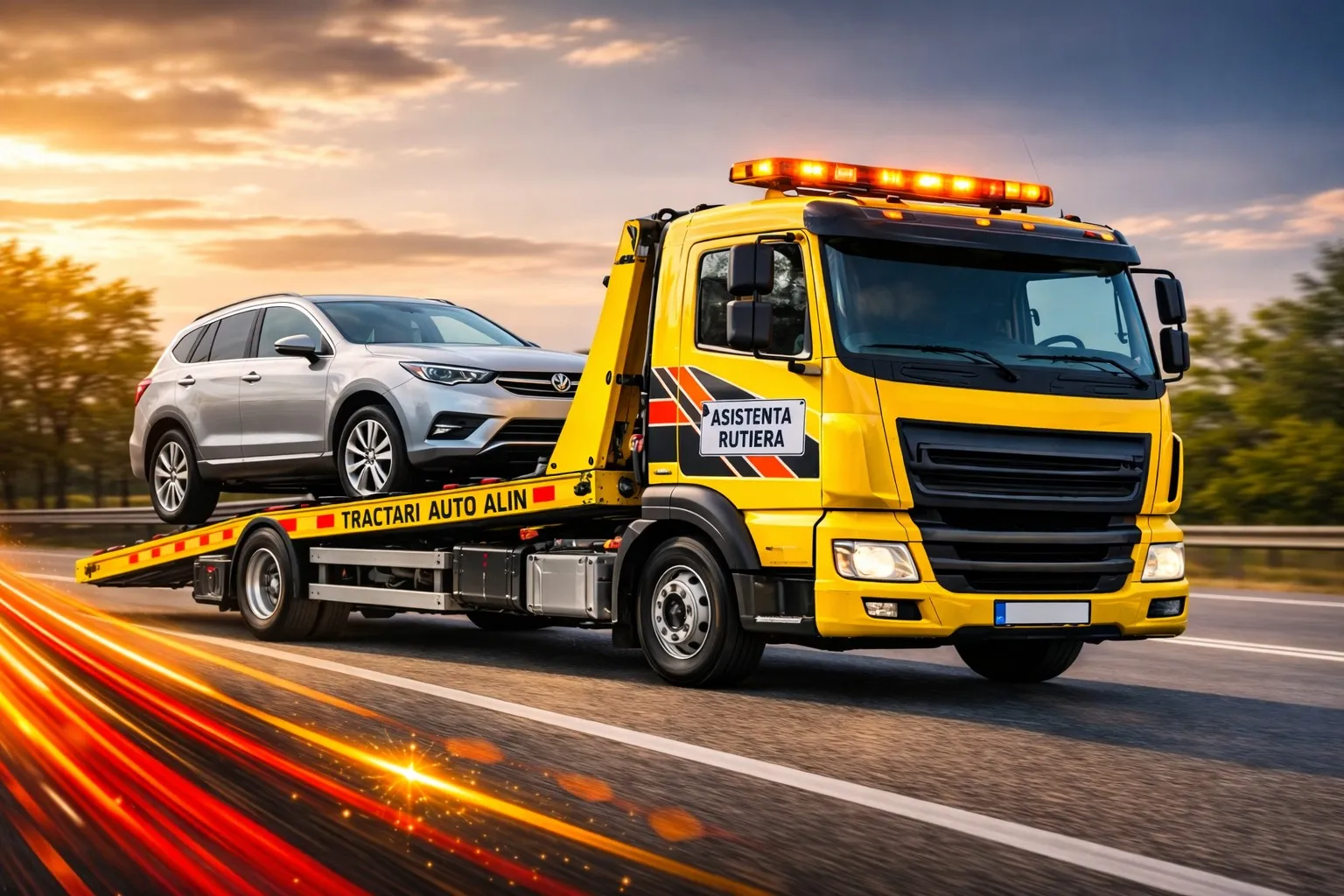 Platformă Tractări Auto Alin care transportă un SUV pe autostradă